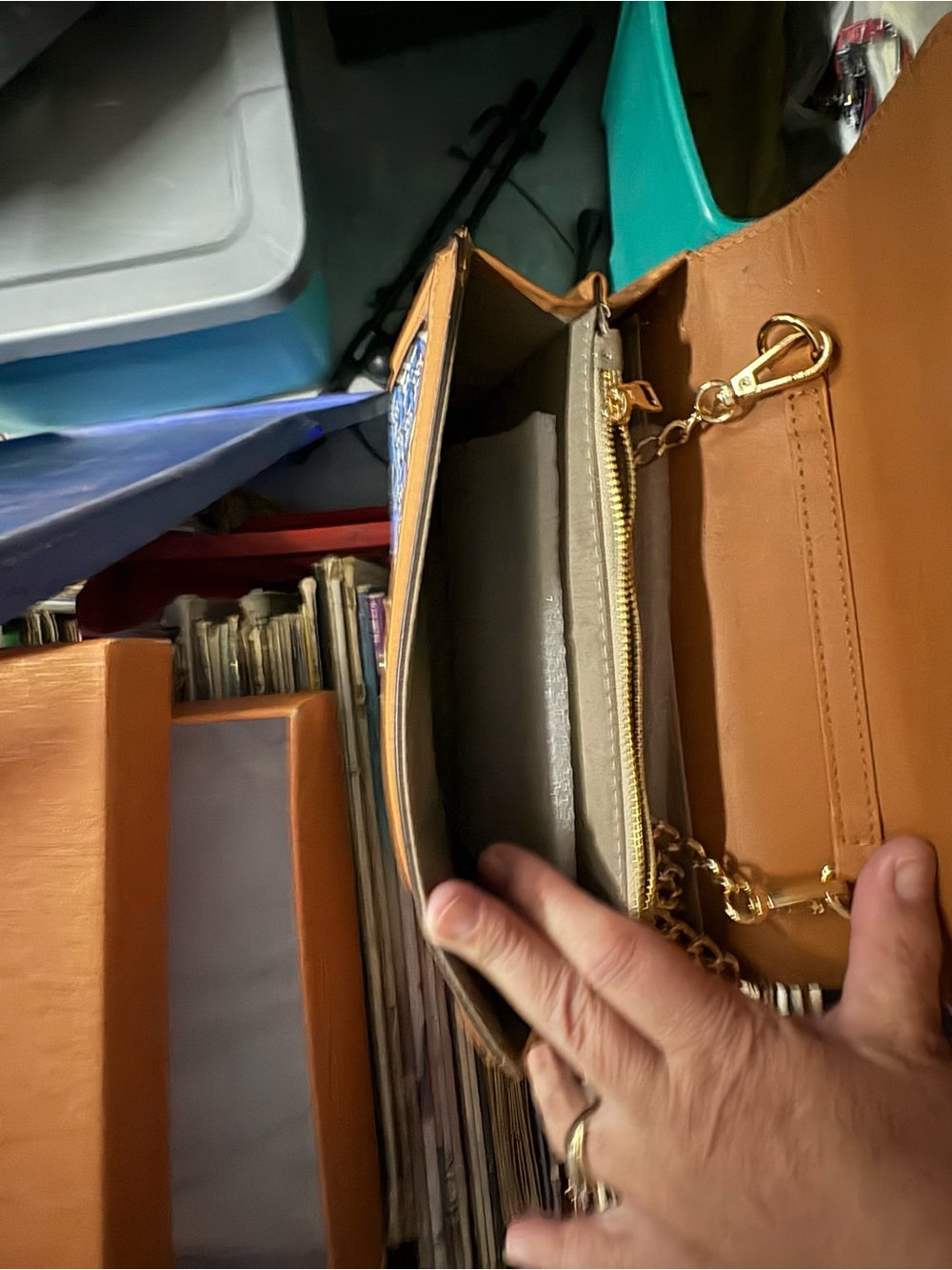 Tan Leather Crossbody Wallet with Gold Hardware And Chain